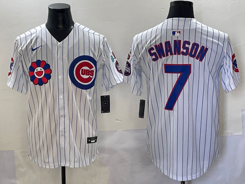Men 2025 Chicago Cubs #7 Swanson White Stripe Flower Edition Nike MLB Jersey style 51